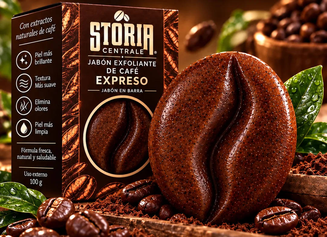 Caja y barra del jabón exfoliante de café Expreso sobre granos de café