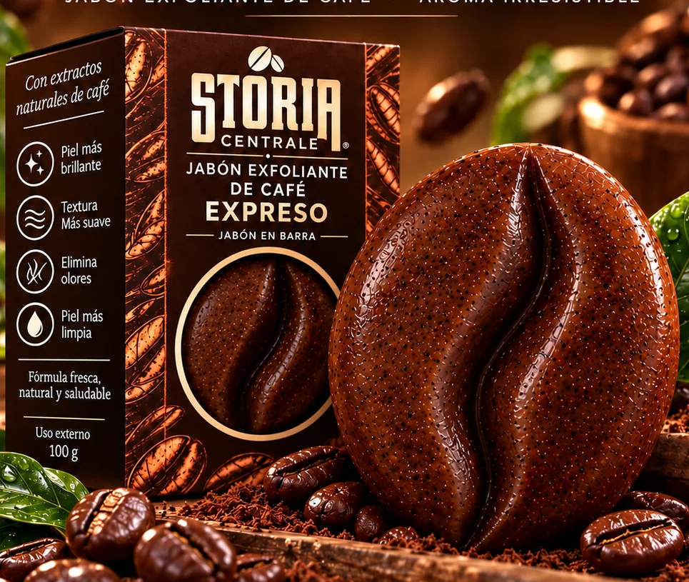 Caja y barra del jabón exfoliante de café Expreso